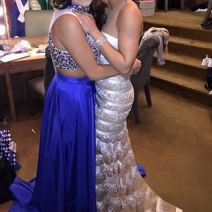 White striped couture Sherri Hill pageant gown prom dress